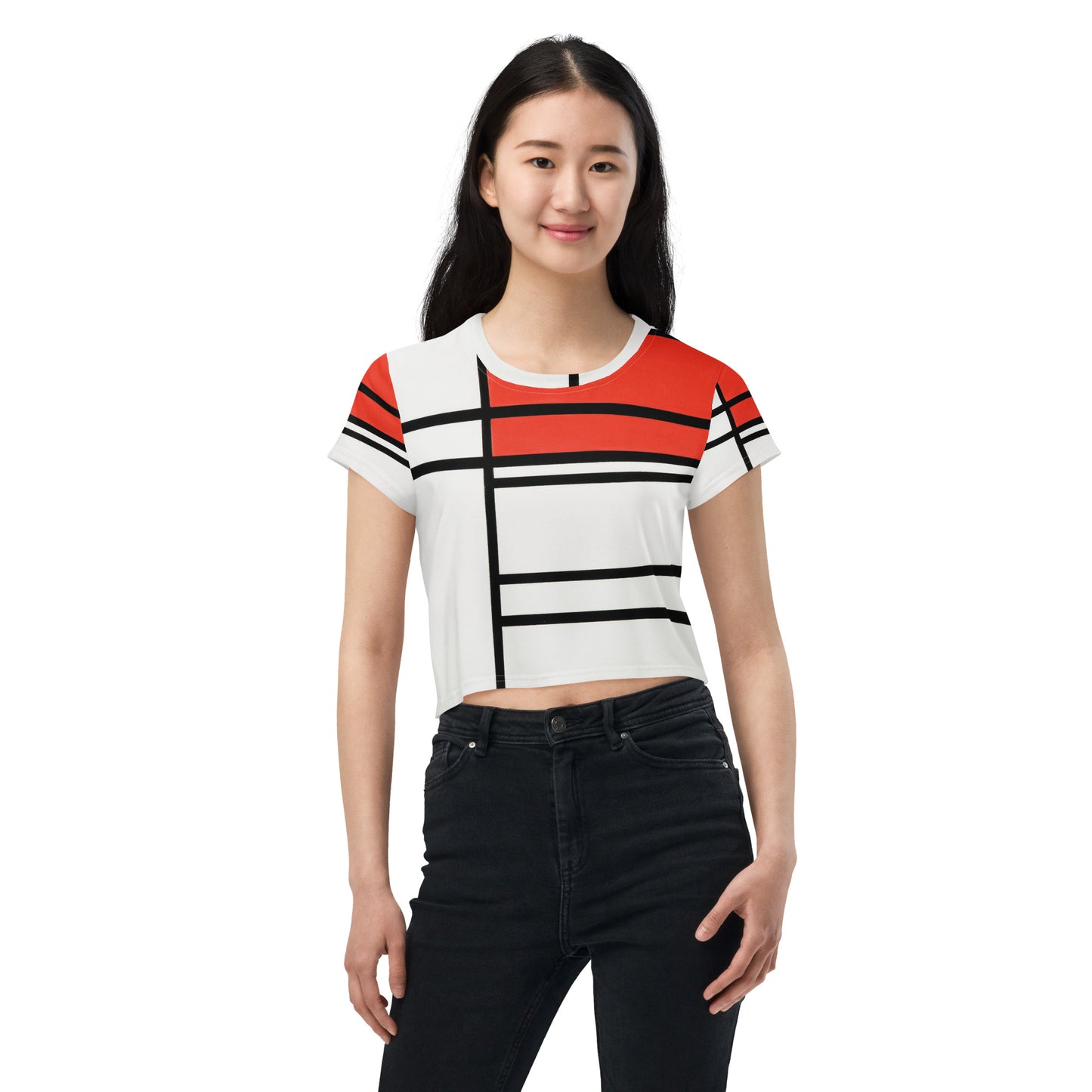 Model 2 - Mondrian All-Over Print Crop Tee – Composition No. 4 Bold Contrast