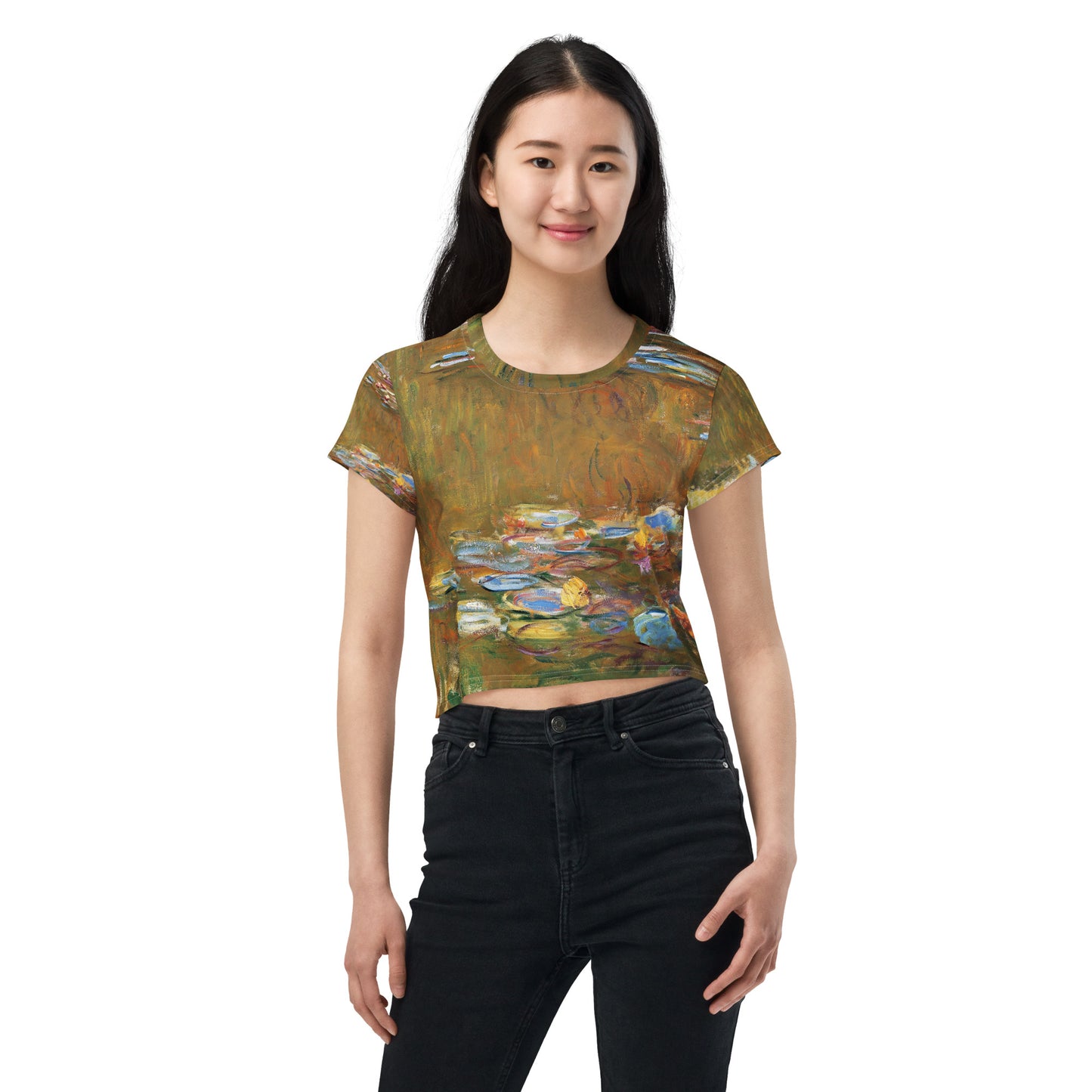 Model 2 - Claude Monet All-Over Print Crop Tee – The Water Lily Pond Elegance