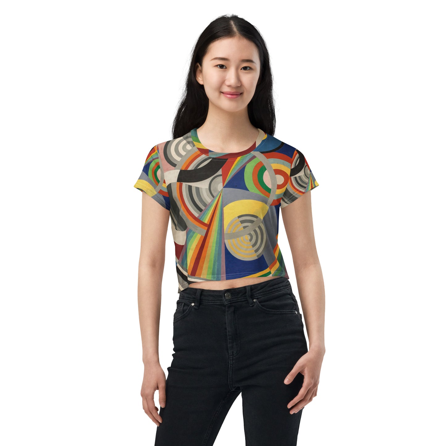 Model 2 - Robert Delaunay All-Over Print Crop Tee – Rhythmic Color Vibes