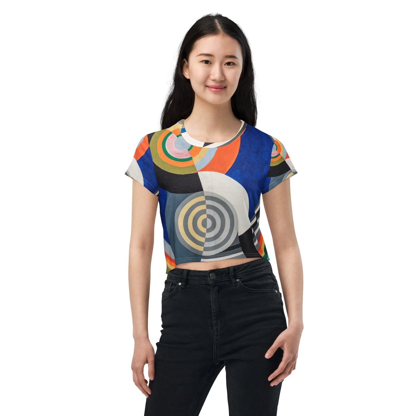 Model 2 - Robert Delaunay All-Over Print Crop Tee – Rhythmic Color Harmony