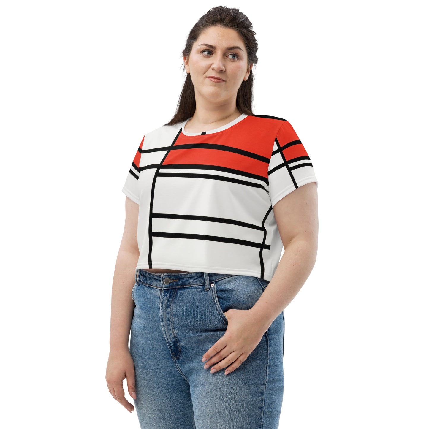 Model 1 - Mondrian All-Over Print Crop Tee – Composition No. 4 Bold Contrast