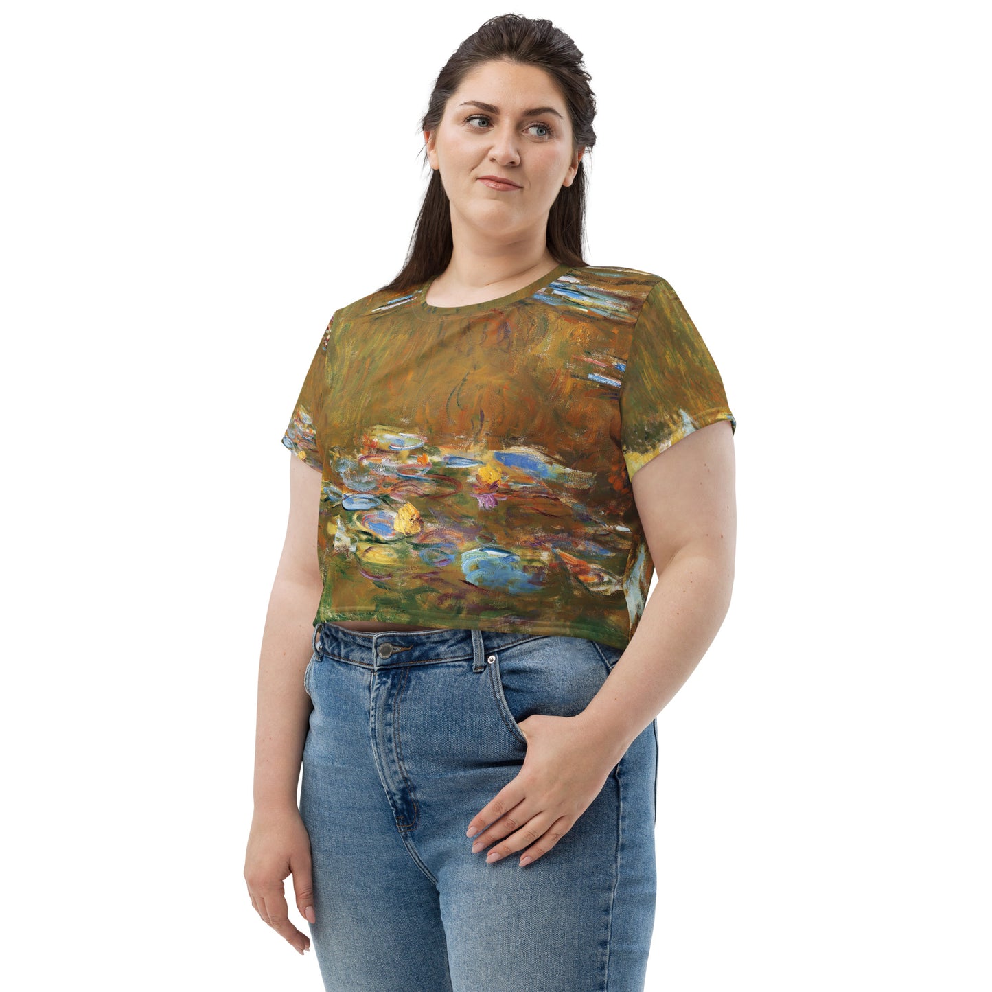 Model 1 - Claude Monet All-Over Print Crop Tee – The Water Lily Pond Elegance