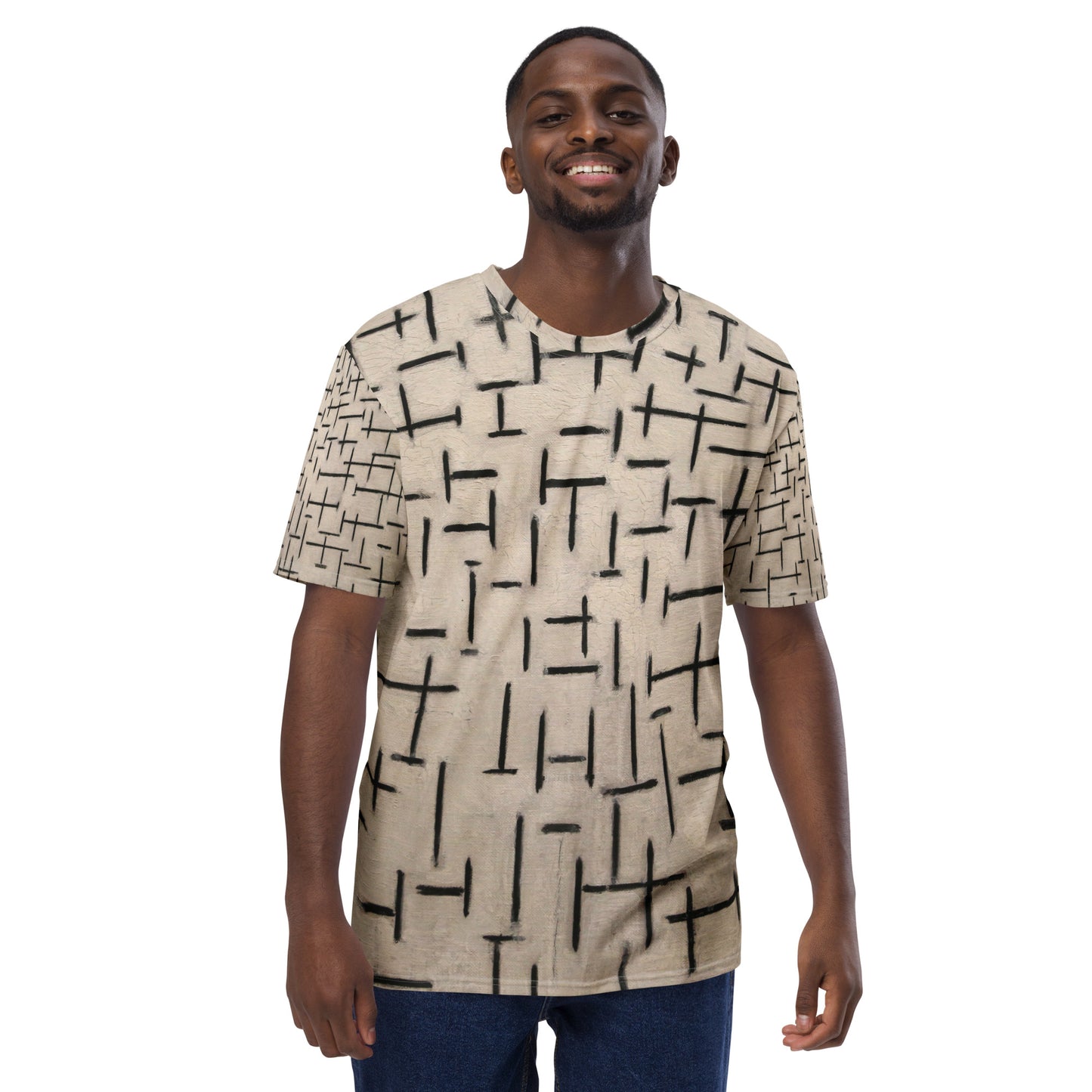 Model 2 - Piet Mondrian Men's T-Shirt – Monochrome Harmony Defined