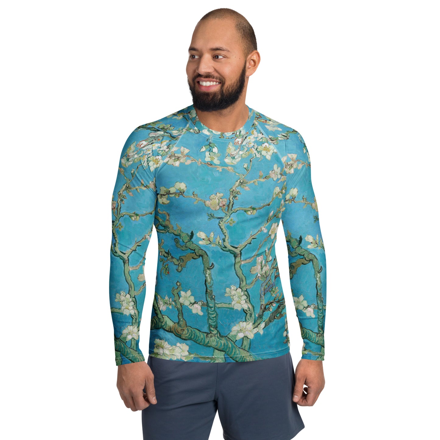 Model 2 - Vincent van Gogh Men’s Rash Guard – Almond Blossom Tranquility