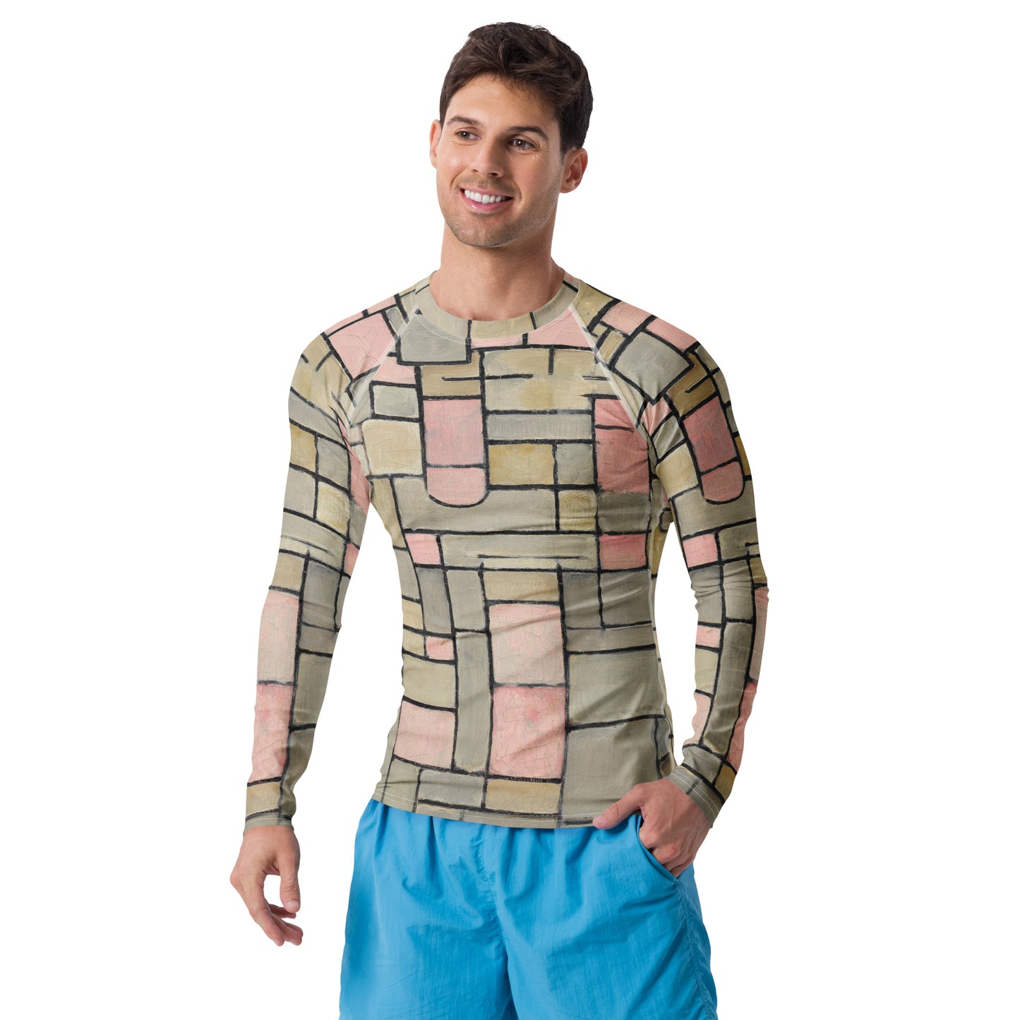 Model 1 - Mondriaan Men’s Rash Guard – Grey and Pink Modern Balance