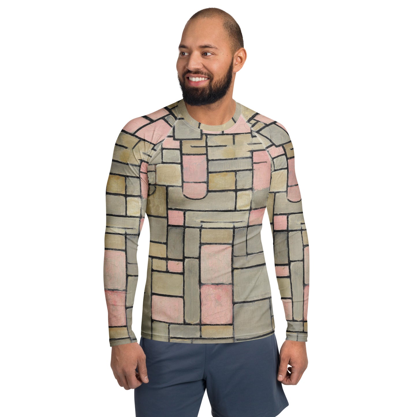 Model 2 -Mondriaan Men’s Rash Guard – Grey and Pink Modern Balance