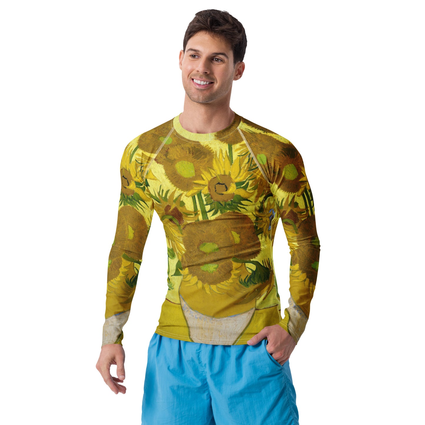 Model 1 - Vincent van Gogh Men’s Rash Guard – Sunflowers with Bold Energy
