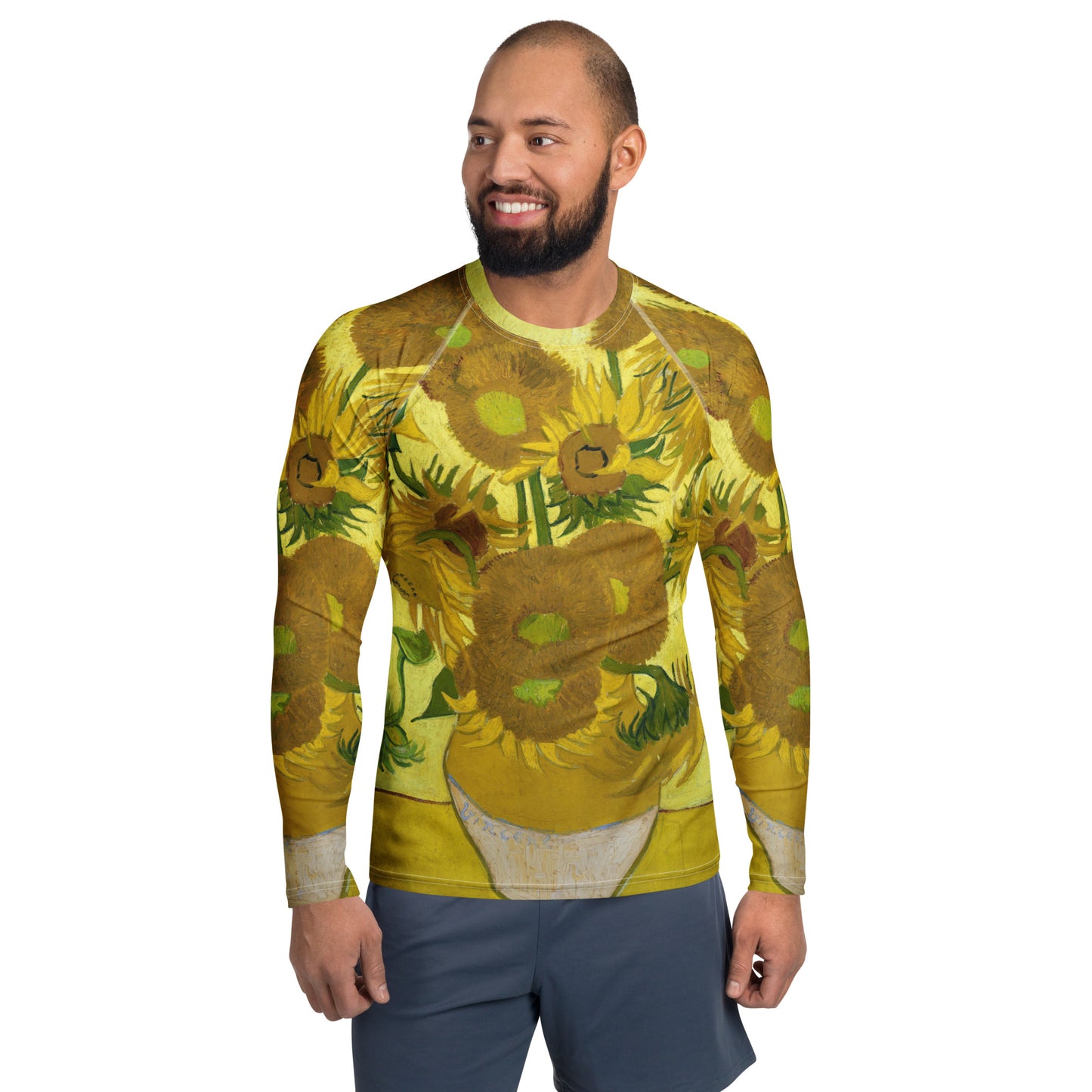 Model 2 -Vincent van Gogh Men’s Rash Guard – Sunflowers with Bold Energy