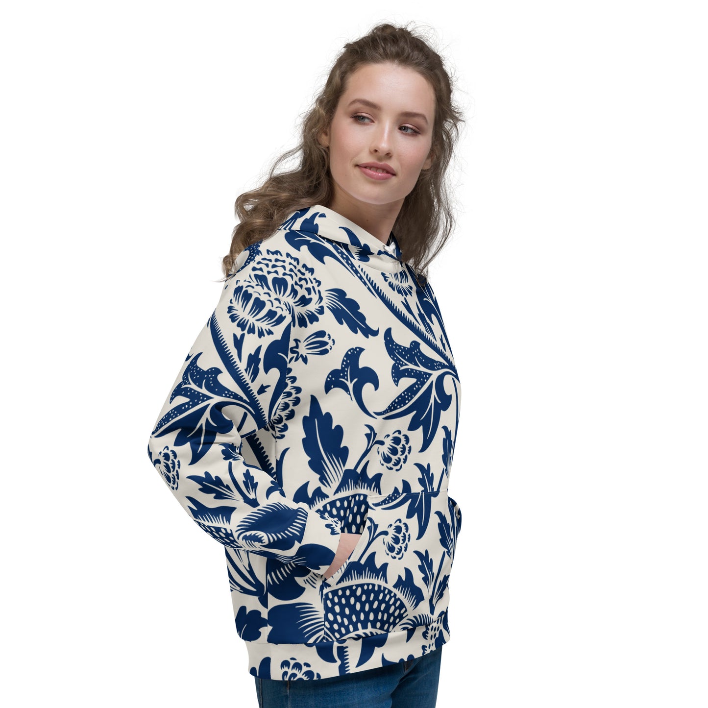 Model 1 - William Morris Unisex Hoodie – Chrysanthemum Elegance in Motion