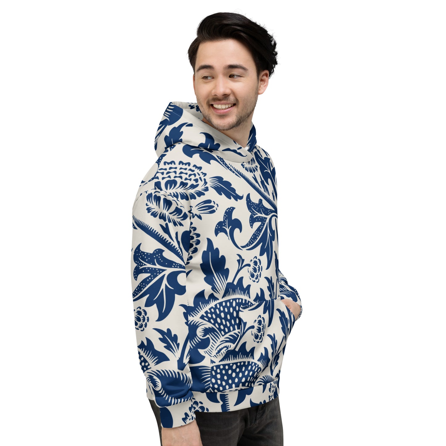 Model 2 - William Morris Unisex Hoodie – Chrysanthemum Elegance in Motion