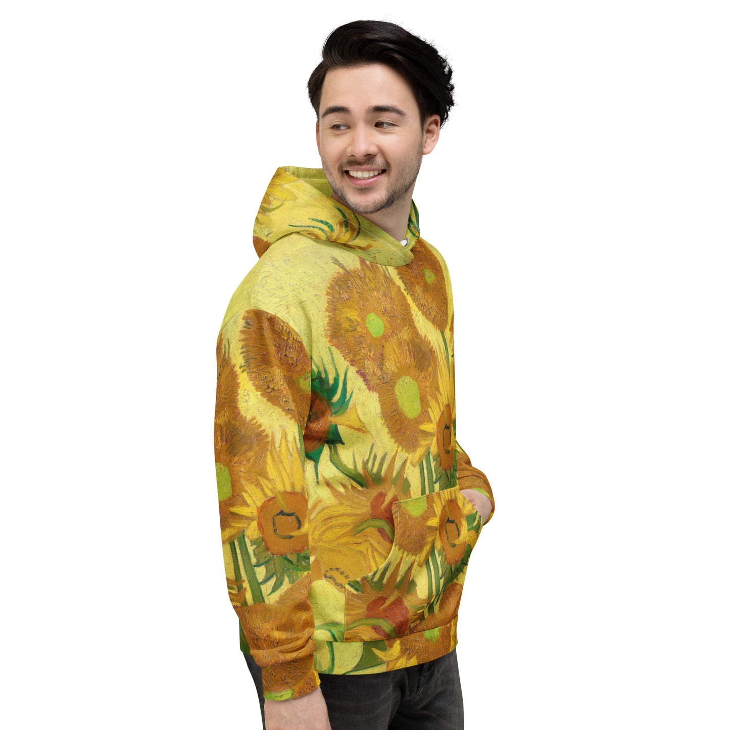 Model 2 - Van Gogh Unisex Hoodie – Sunflowers in a Vase, Worn Boldly