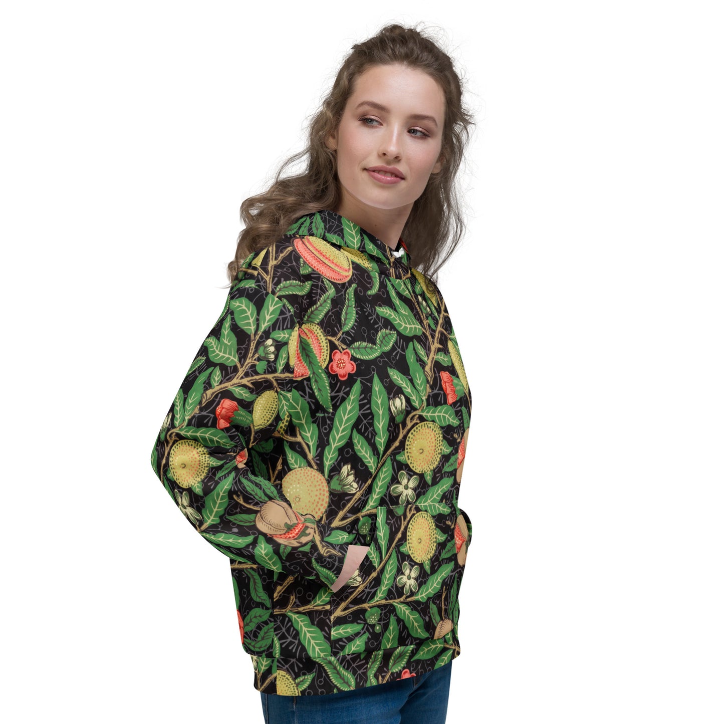 Model 1 - William Morris Unisex Hoodie – Fruit Pattern with Vintage Flair