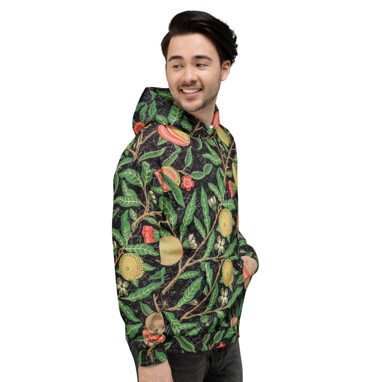 Model 2 - William Morris Unisex Hoodie – Fruit Pattern with Vintage Flair