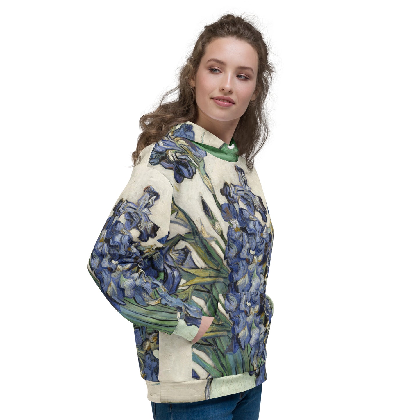 Model 1 - Van Gogh Irises Unisex Hoodie – Artistic Streetwear with Vintage Charm