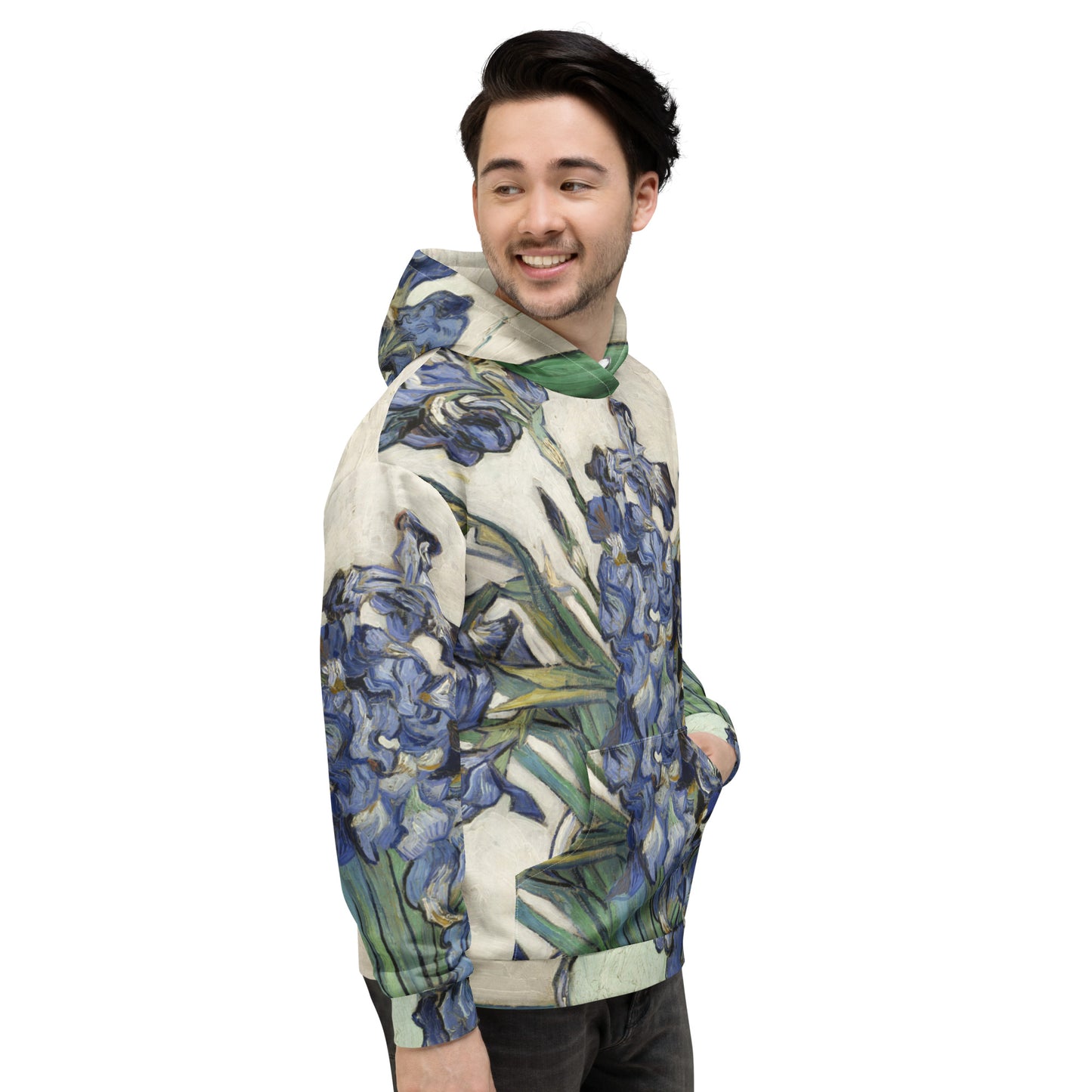 Model 2 - Van Gogh Irises Unisex Hoodie – Artistic Streetwear with Vintage Charm