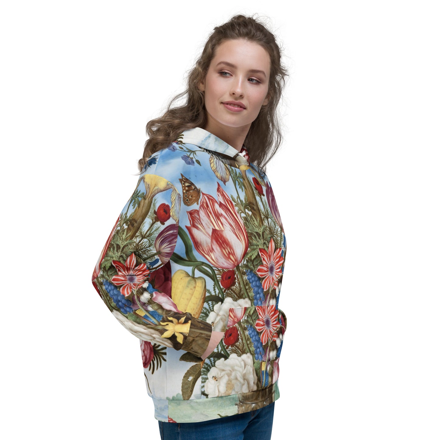 Model 1 - Bosschaert Floral Unisex Hoodie – Baroque Elegance Meets Streetwear