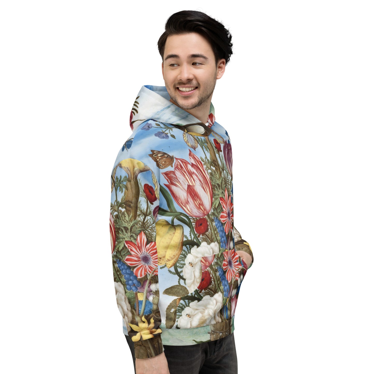 Model 2 - Bosschaert Floral Unisex Hoodie – Baroque Elegance Meets Streetwear