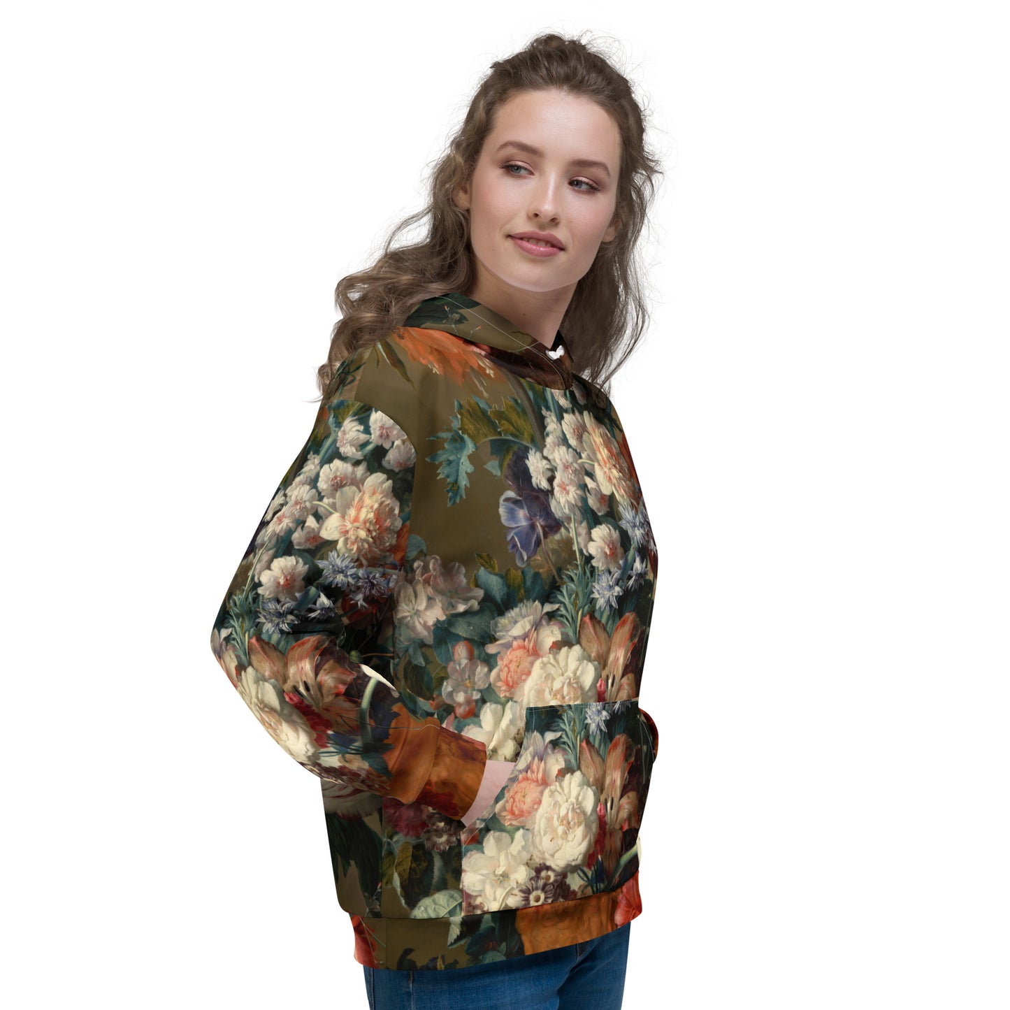 Model 1 - Van Huysum Flowers Unisex Hoodie – Timeless Floral Art Reimagined
