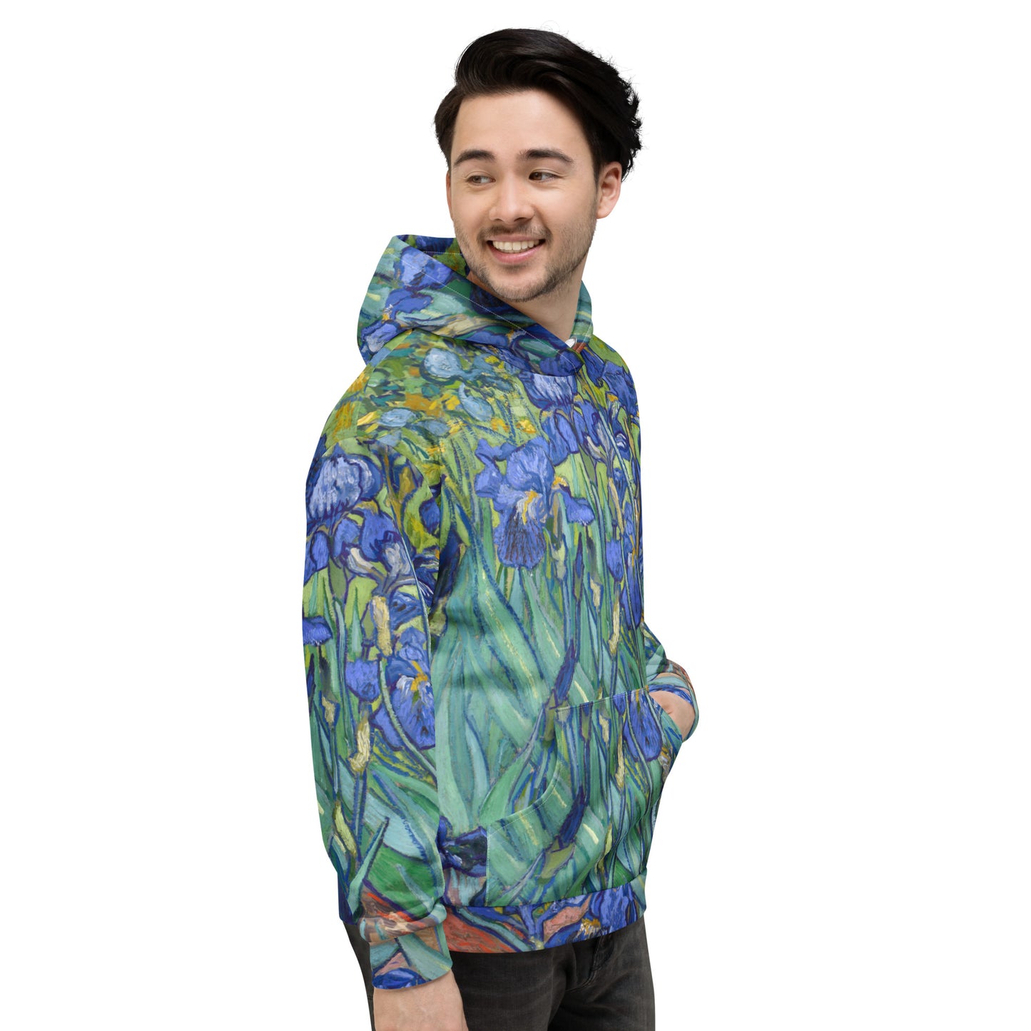 Model 2 - Van Gogh Field Irises Unisex Hoodie – Impressionist Flair in Streetwear