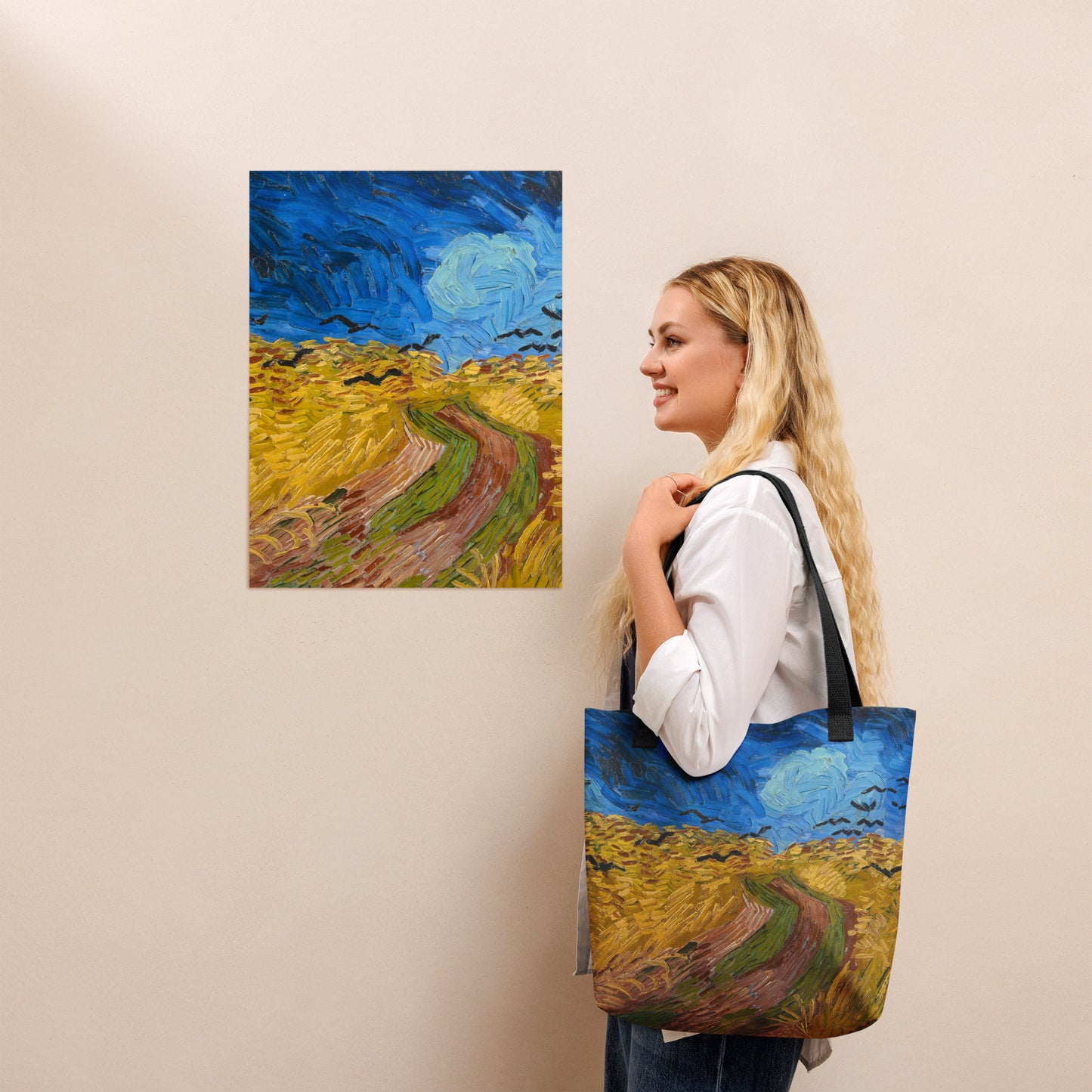 Model - Van Gogh Tote Bag – Wheatfield with Crows as Bold Streetwear
