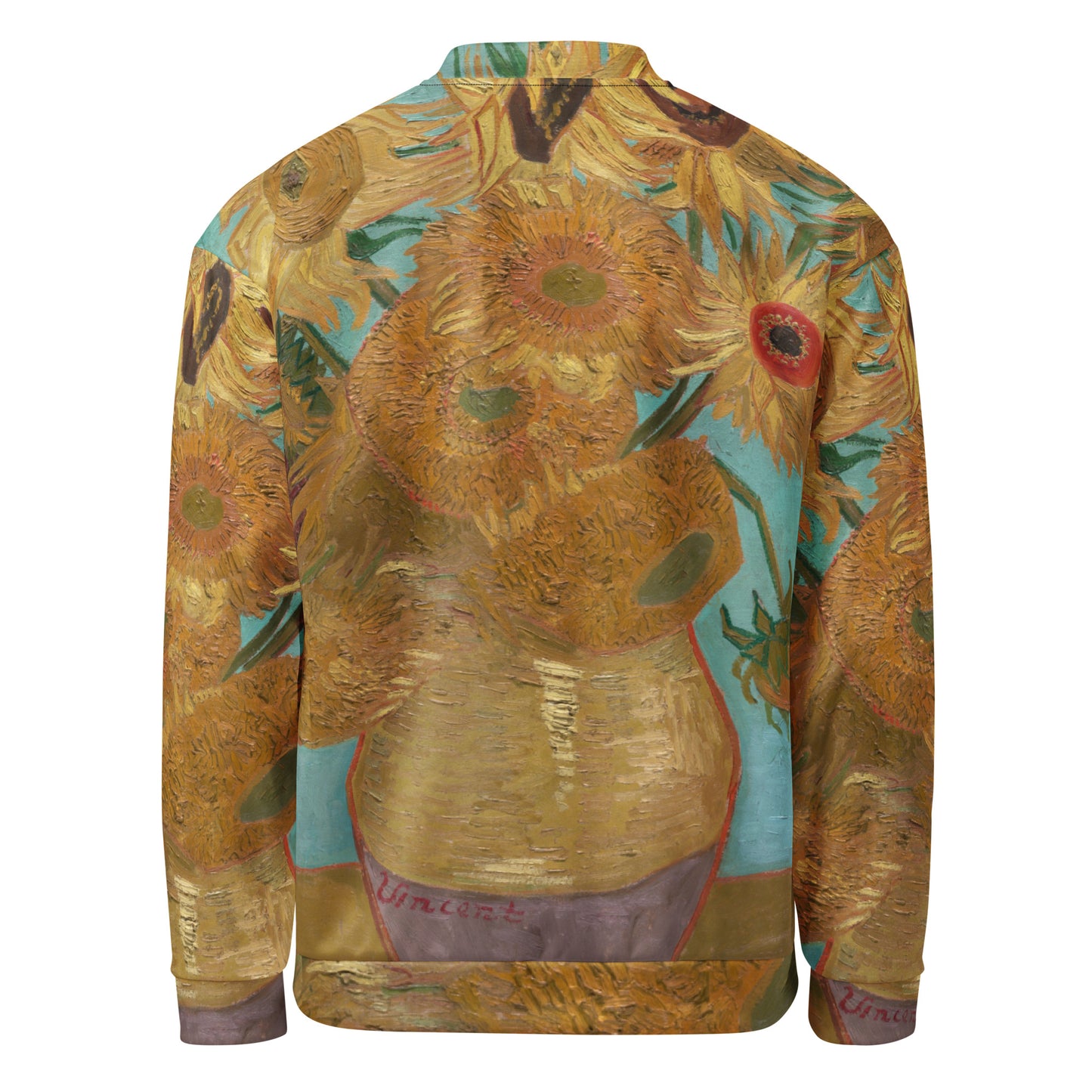 Back - Vincent van Gogh Unisex Bomber Jacket – Vase with Sunflowers Glow