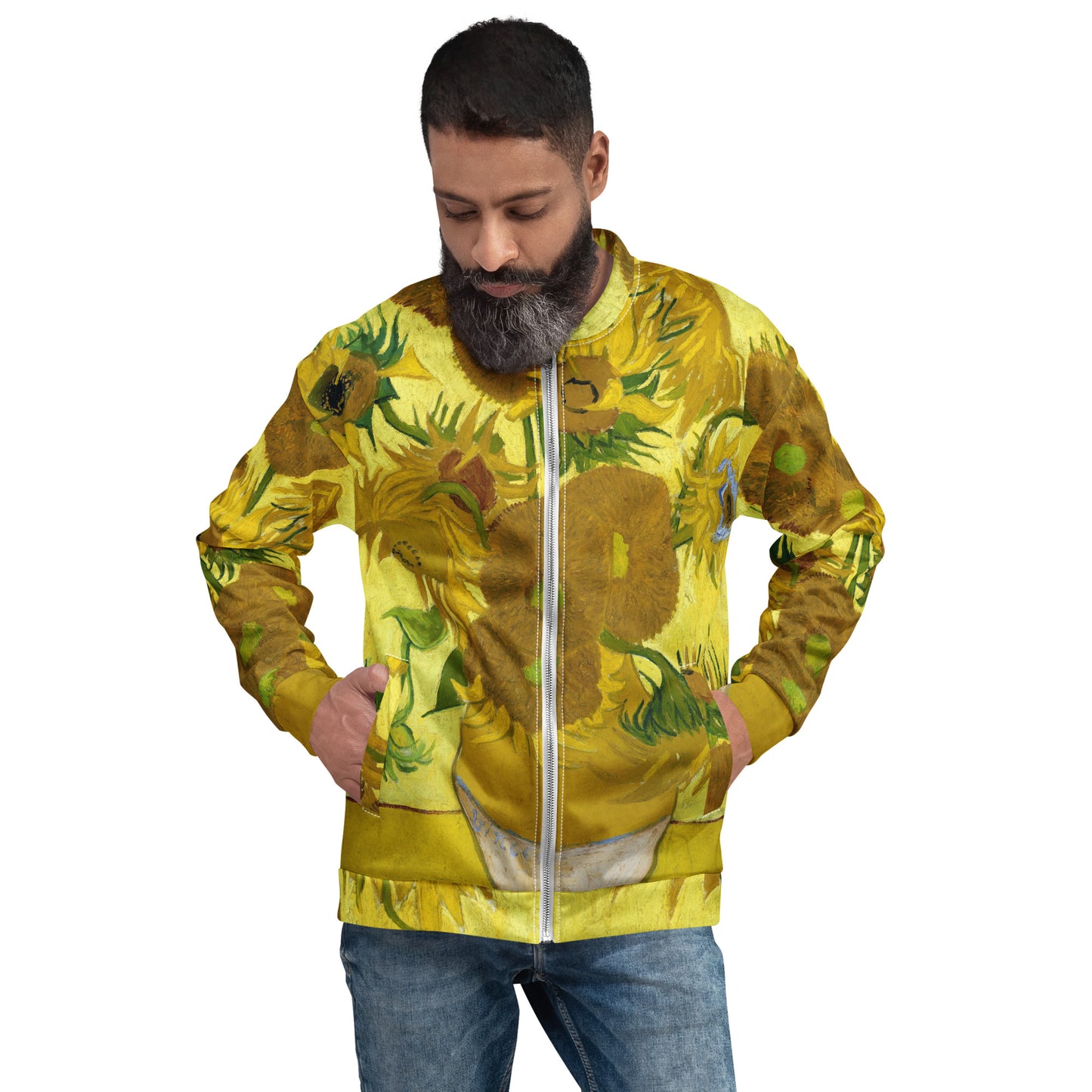 Model 2 - Vincent van Gogh Unisex Bomber Jacket – Sunflowers in a Vase Warmth