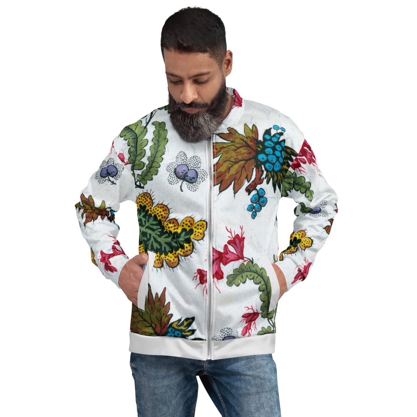 Model 2 - Unisex Bomber Jacket – Floral Leaf and Berry Charm
