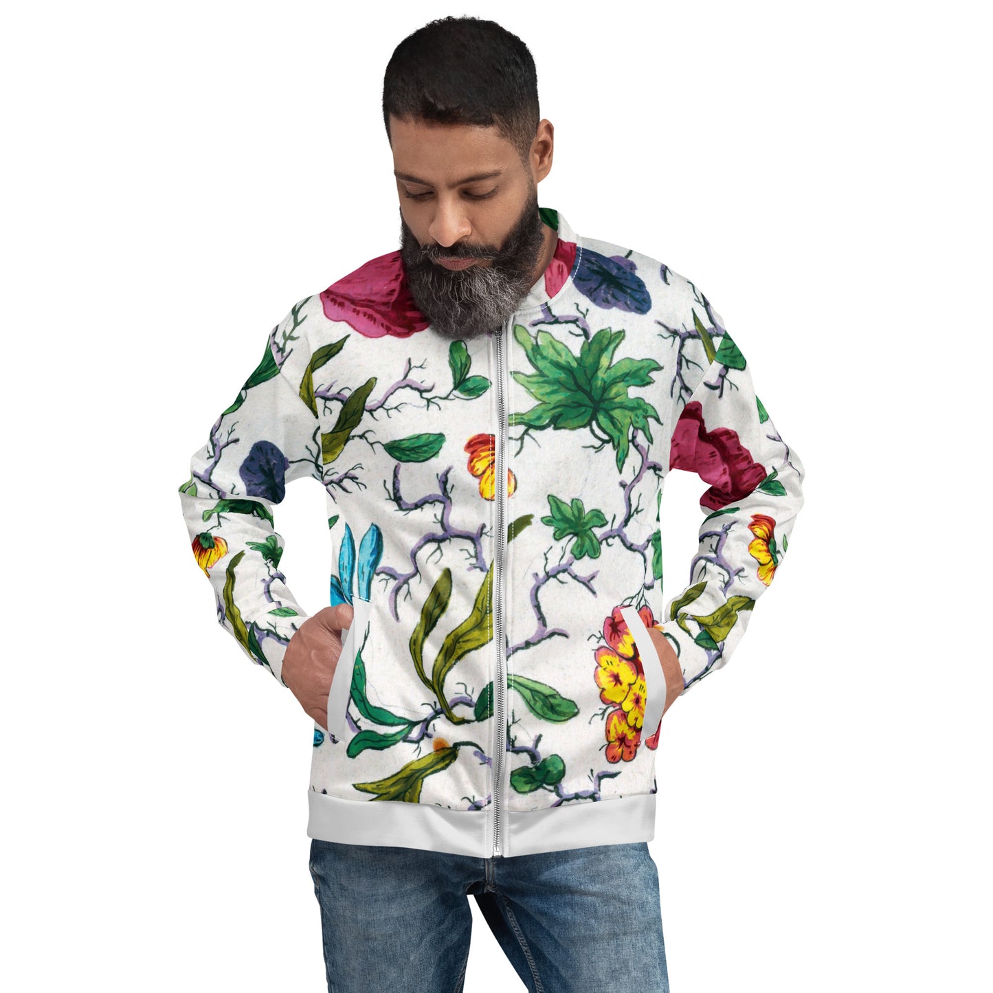 Model 2 - Unisex Bomber Jacket – Vibrant Multicolored Floral Style