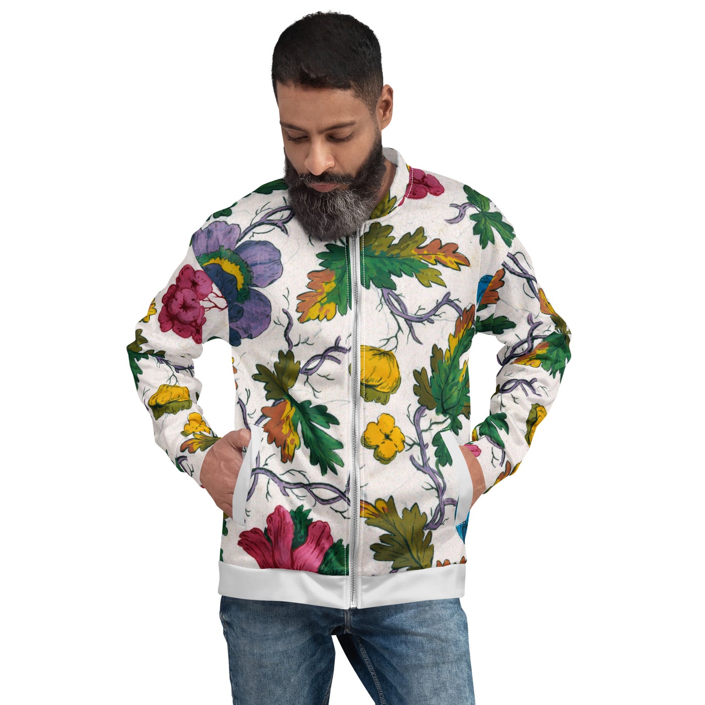 Model 2 - Unisex Bomber Jacket – Multicolored Florals on Lilac Branch Elegance