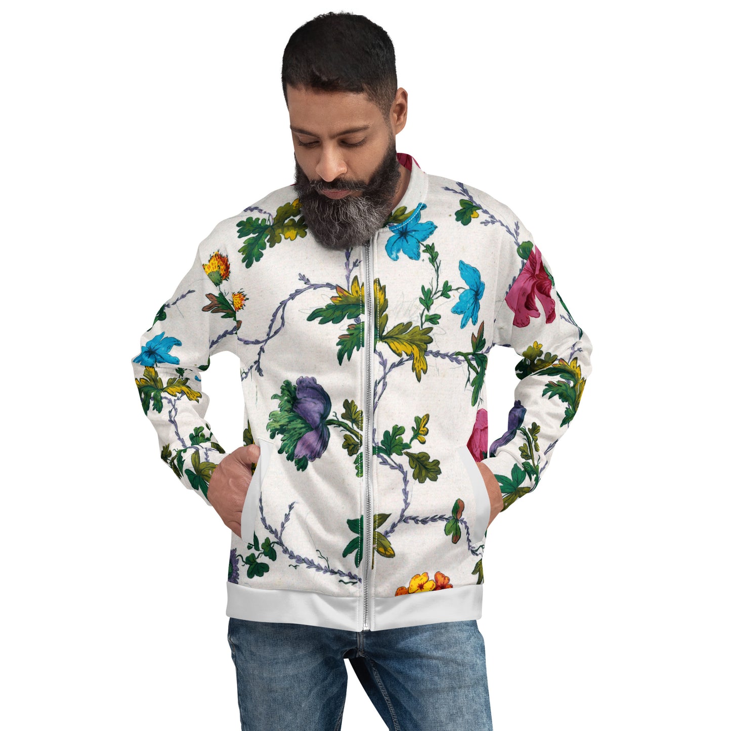 Model 2 - Unisex Bomber Jacket – Multicolored Floral Pattern Flair