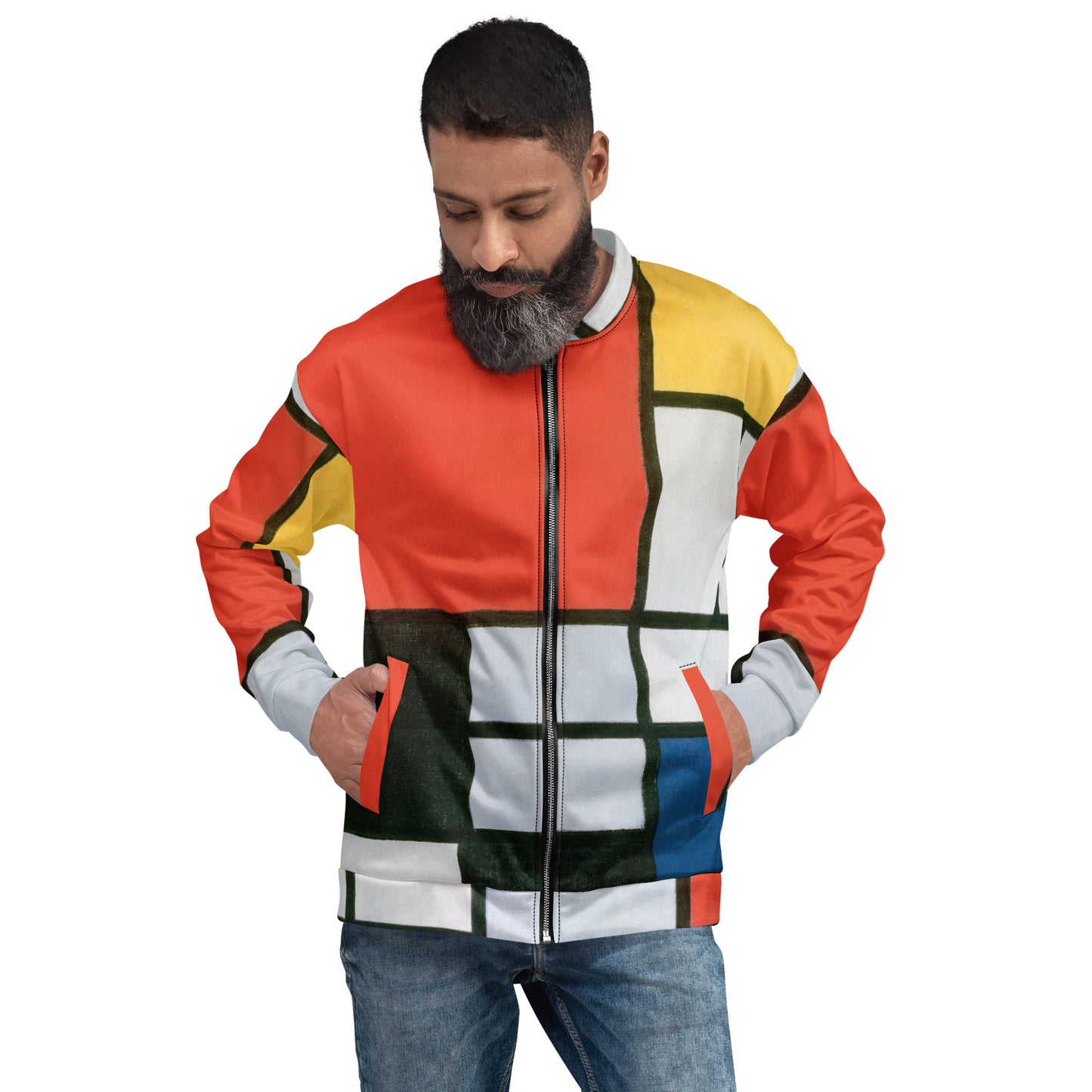 Model 2 - Mondriaan Unisex Bomber Jacket – Red, Yellow & Blue Geometry