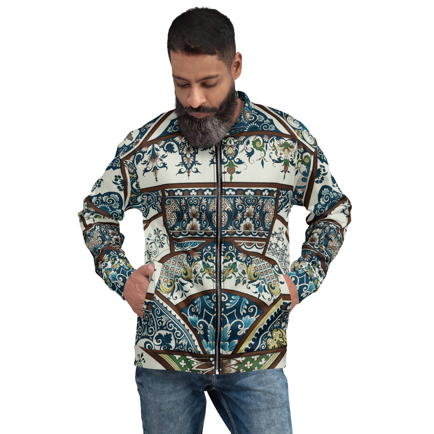 Model 2 - Albert Racinet Unisex Bomber Jacket – 17th & 18th Century Pattern Flair