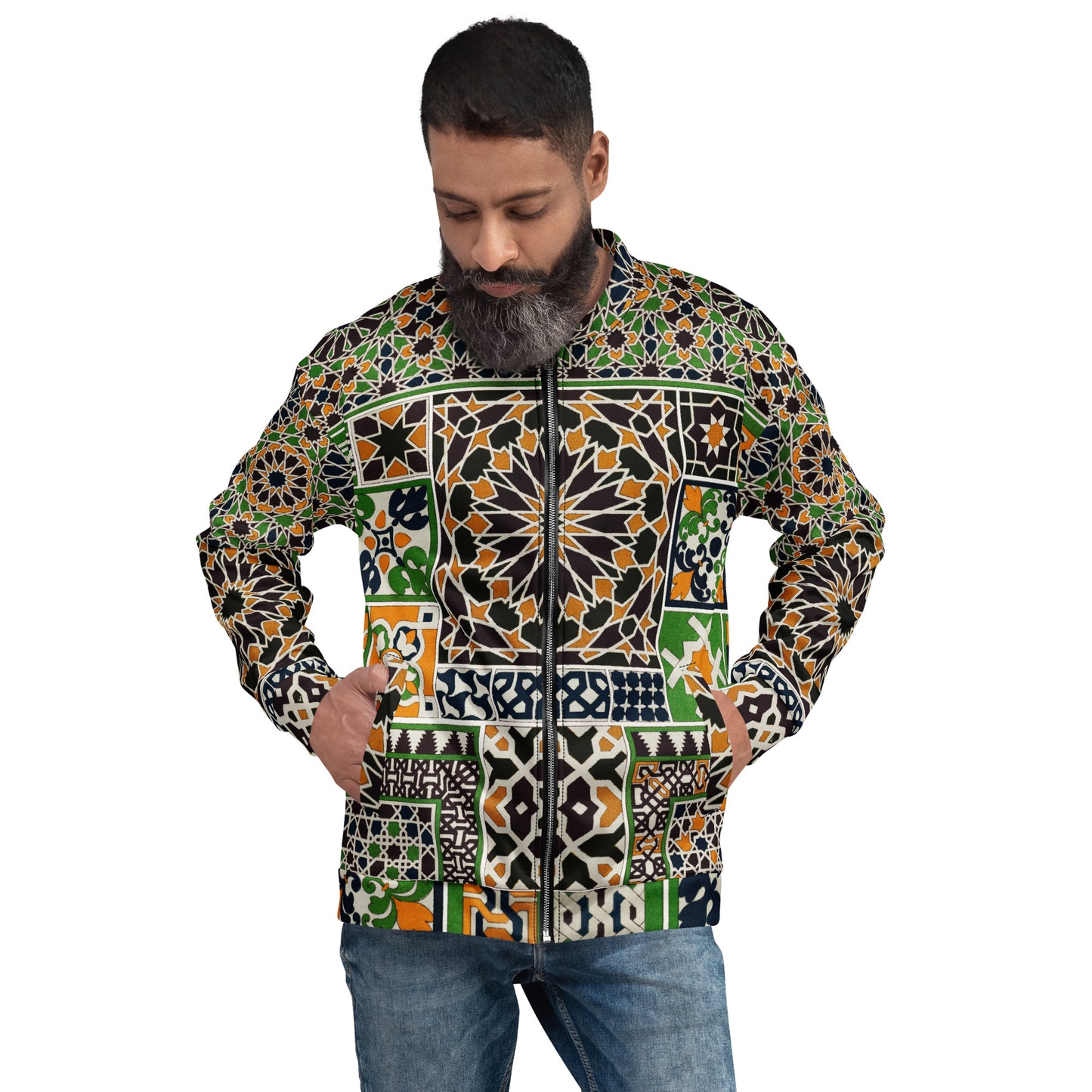 Model 2 - Albert Racinet Unisex Bomber Jacket – Arabian Pattern Elegance