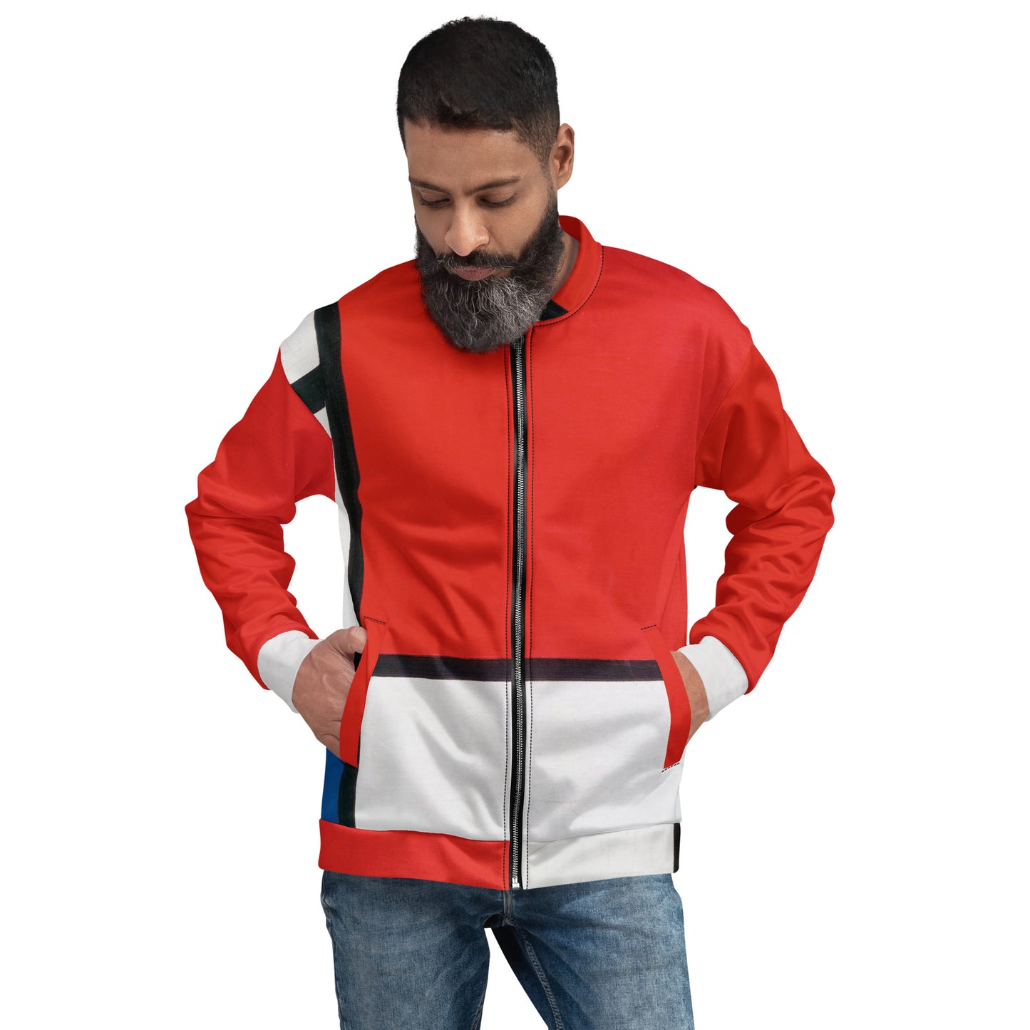 Model 2 - Mondriaan Unisex Bomber Jacket – Red, Yellow & Blue Balance