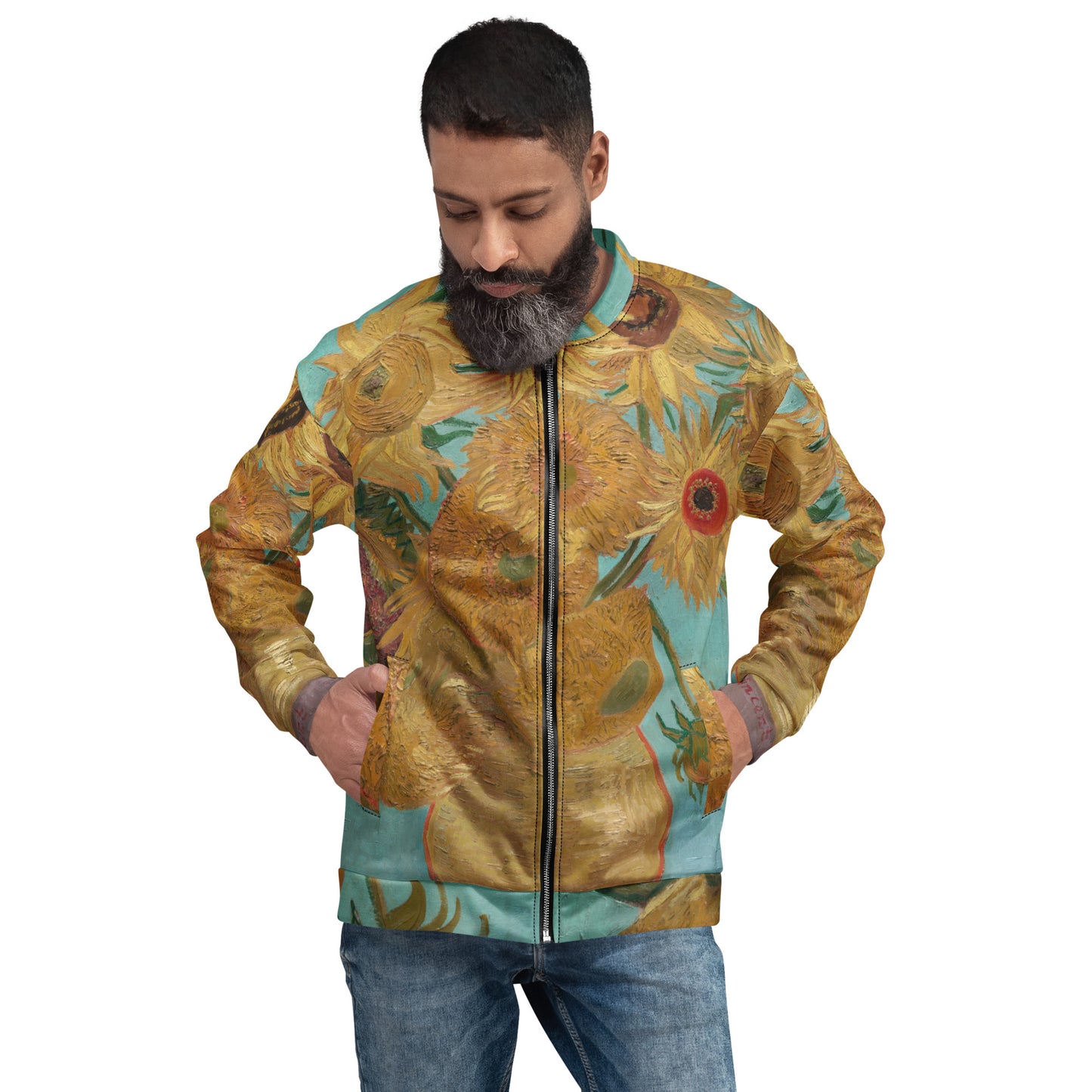 Model 2 - Vincent van Gogh Unisex Bomber Jacket – Vase with Sunflowers Glow