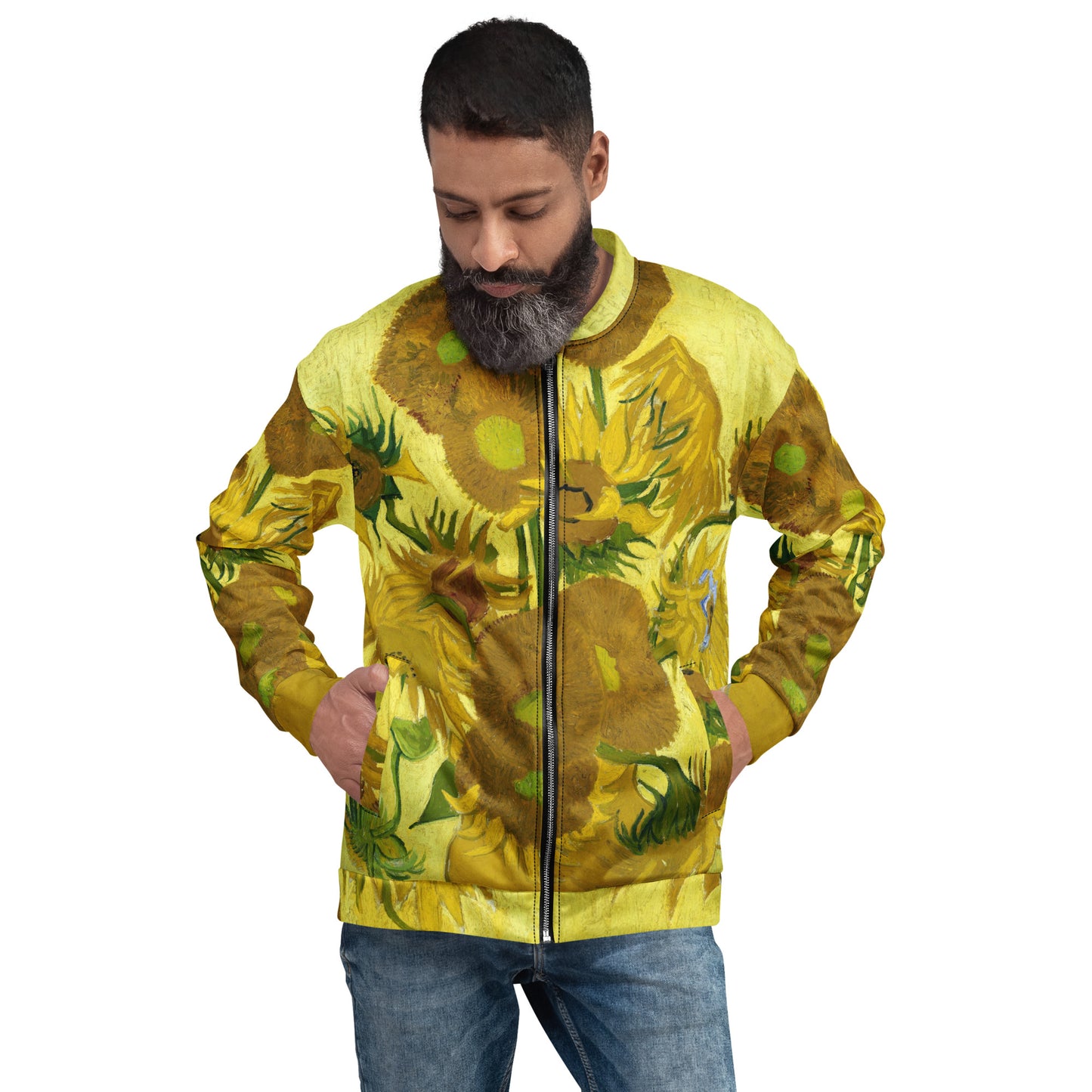 Model 2 - Vincent van Gogh Unisex Bomber Jacket – Sunflowers in Bloom