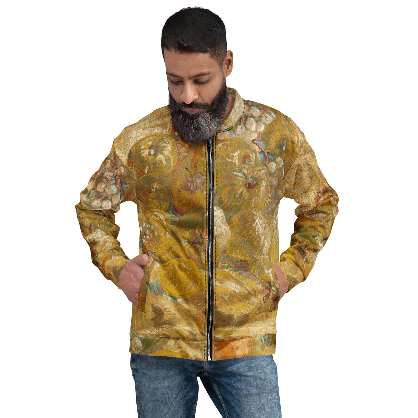 Model 2 - Vincent van Gogh Unisex Bomber Jacket – Still Life with Fruit Flair