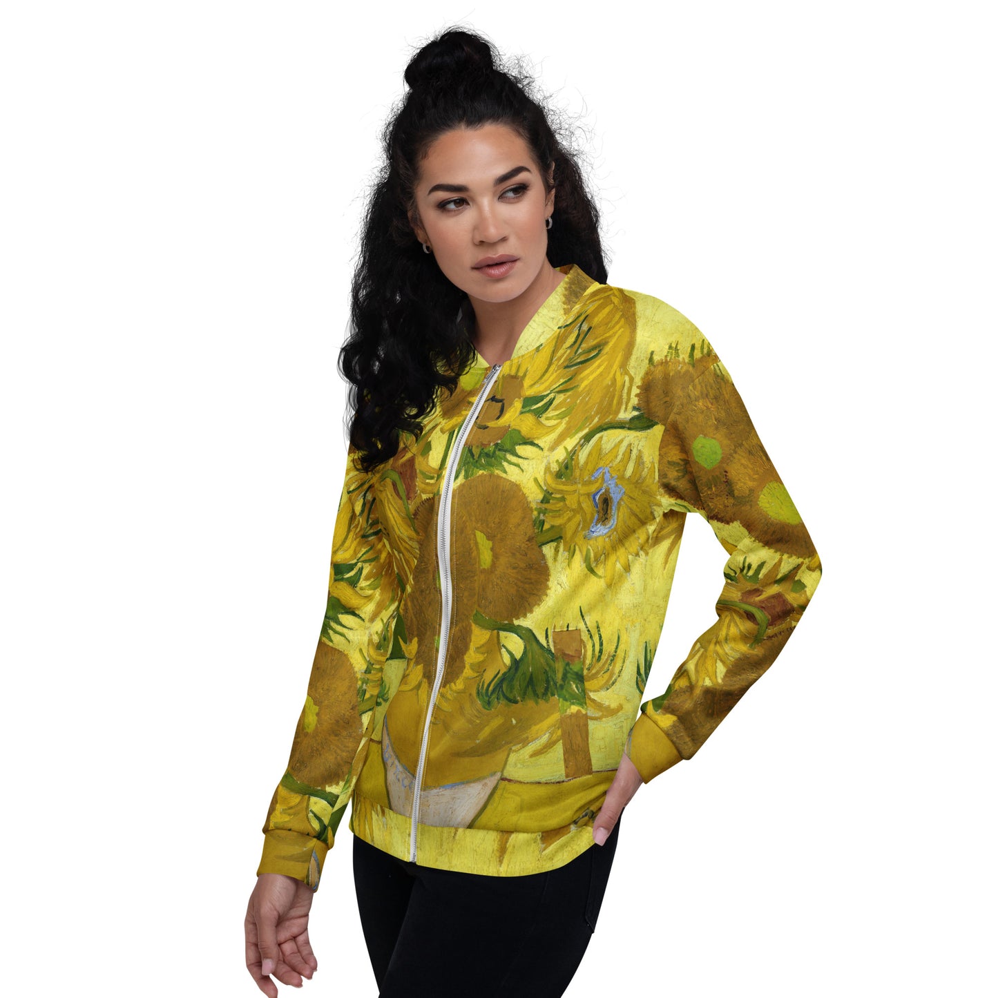 Model 1 - Vincent van Gogh Unisex Bomber Jacket – Sunflowers in a Vase Warmth