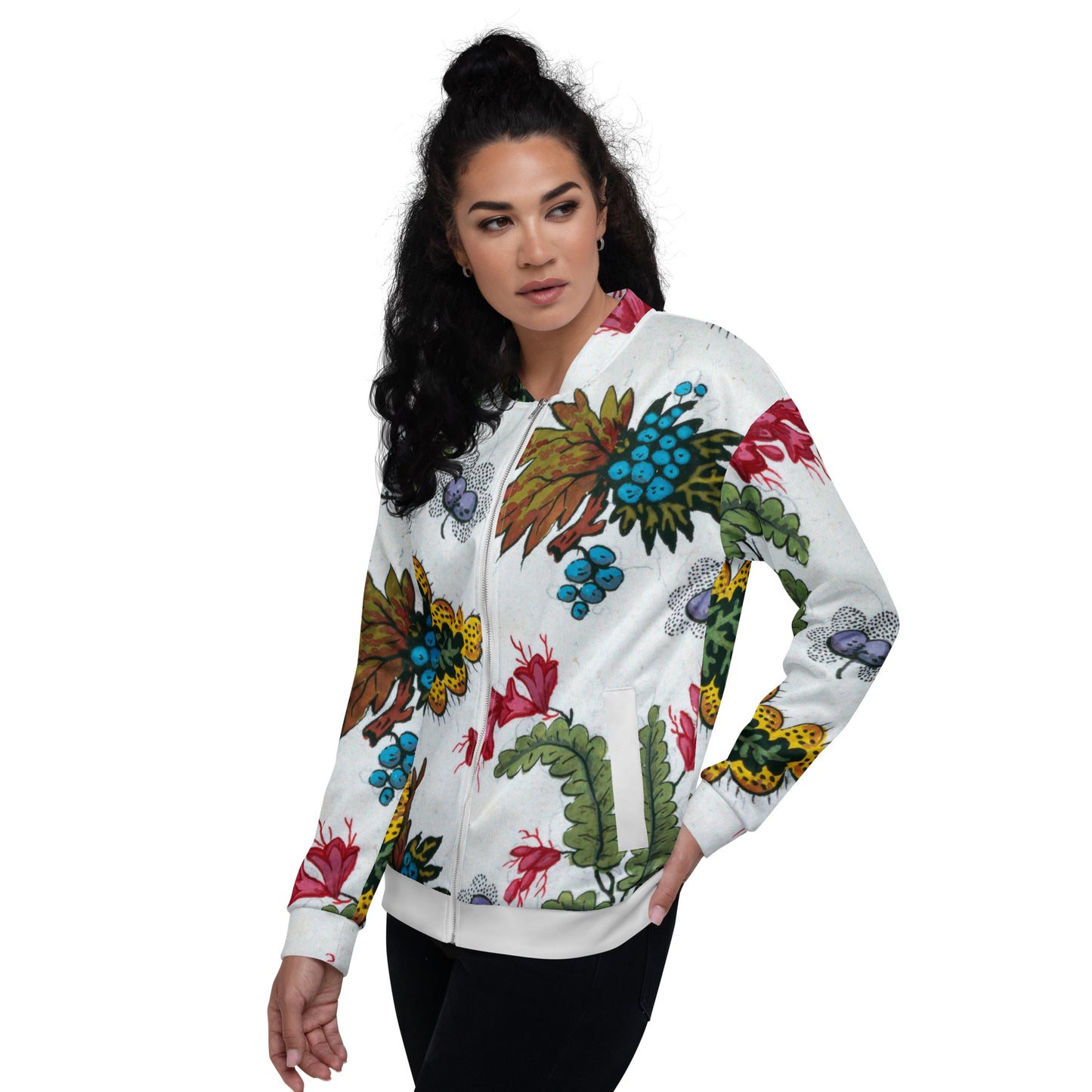 Model 1 - Unisex Bomber Jacket – Floral Leaf and Berry Charm