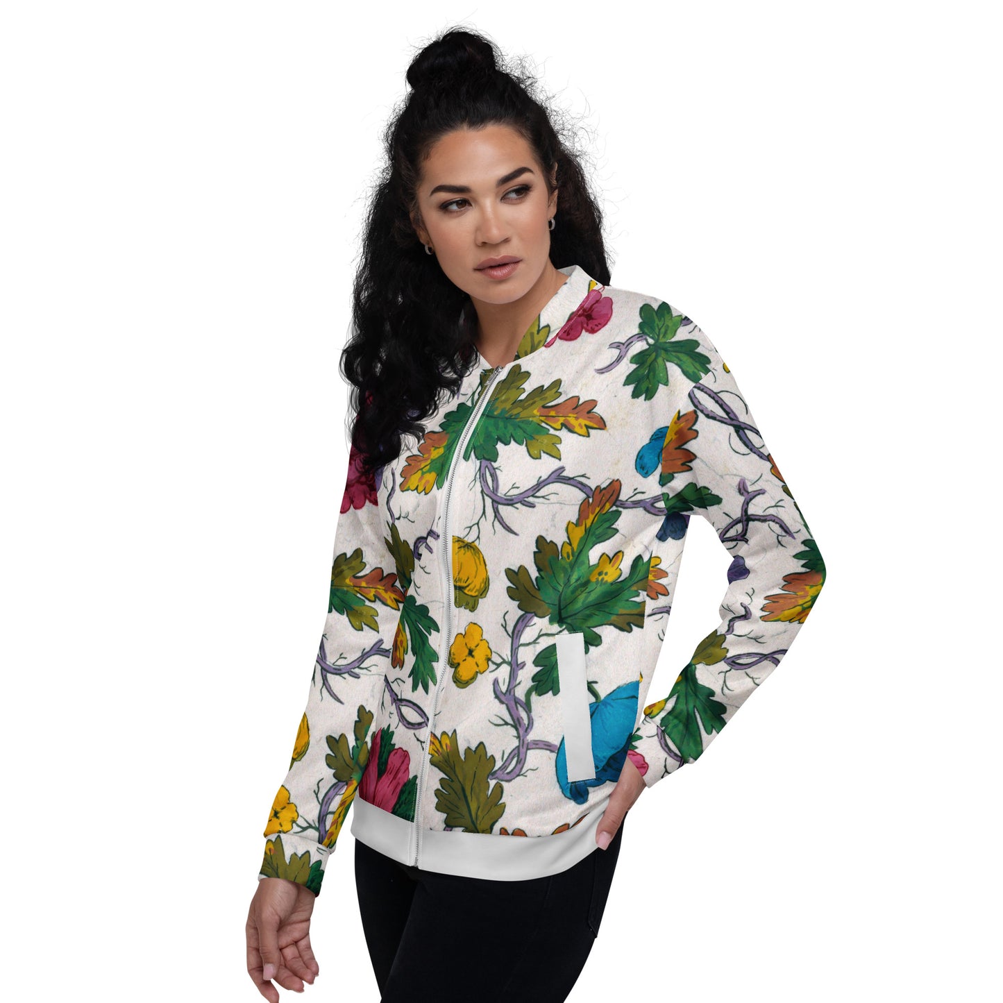 Model 1 - Unisex Bomber Jacket – Multicolored Florals on Lilac Branch Elegance