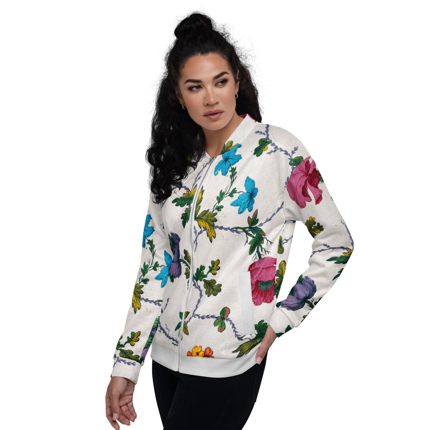 Model 1 - Unisex Bomber Jacket – Multicolored Floral Pattern Flair
