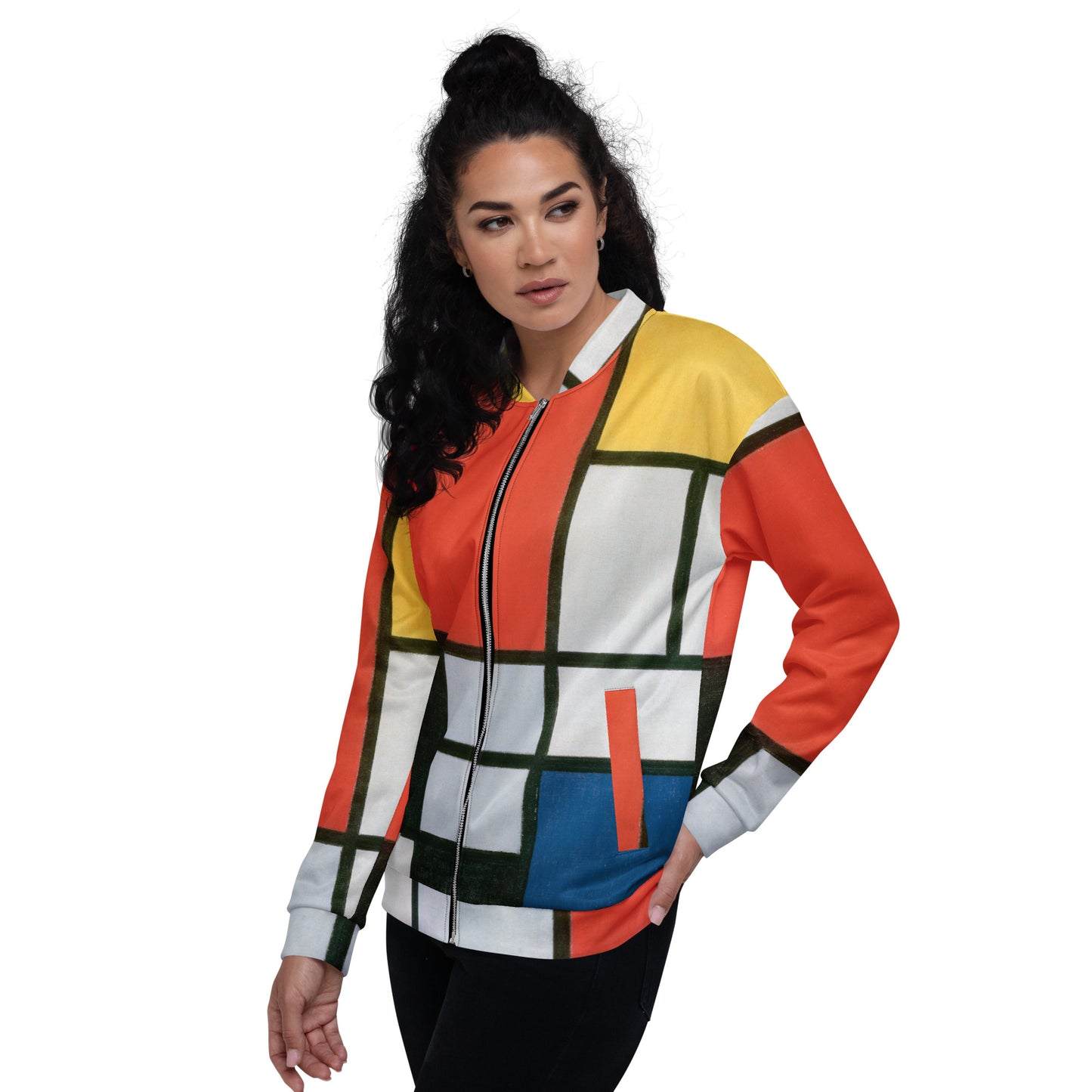 Model 1 - Mondriaan Unisex Bomber Jacket – Red, Yellow & Blue Geometry