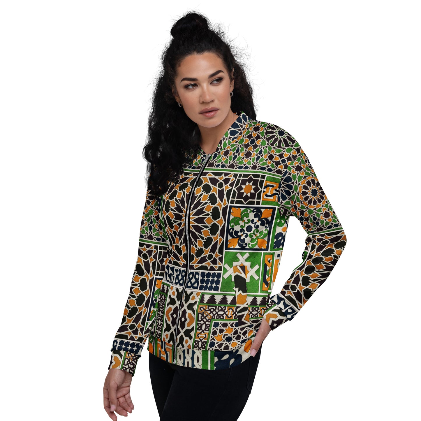 Model 1 - Albert Racinet Unisex Bomber Jacket – Arabian Pattern Elegance