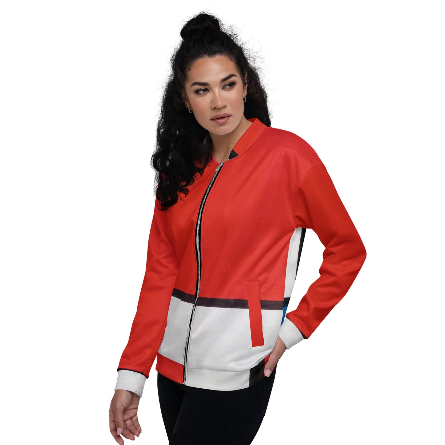 Model 1 - Mondriaan Unisex Bomber Jacket – Red, Yellow & Blue Balance