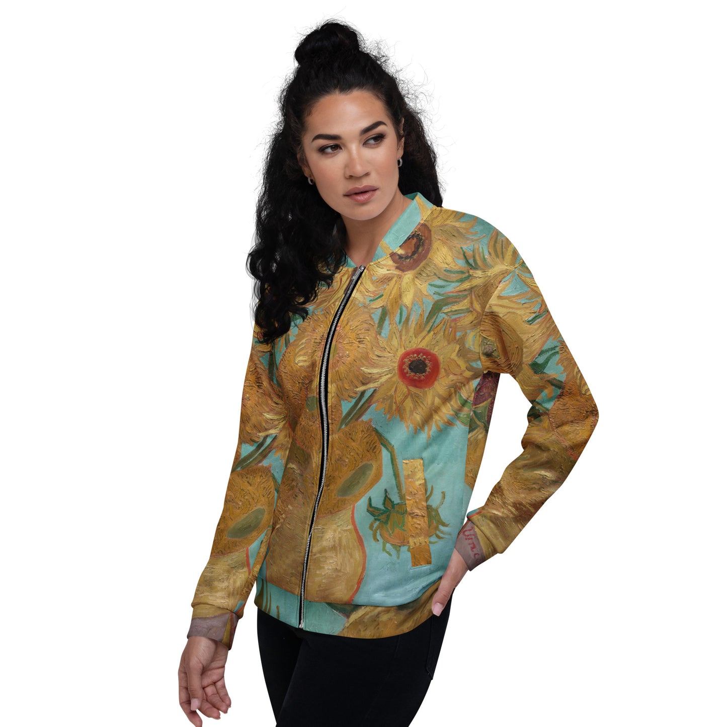 Model 1 - Vincent van Gogh Unisex Bomber Jacket – Vase with Sunflowers Glow