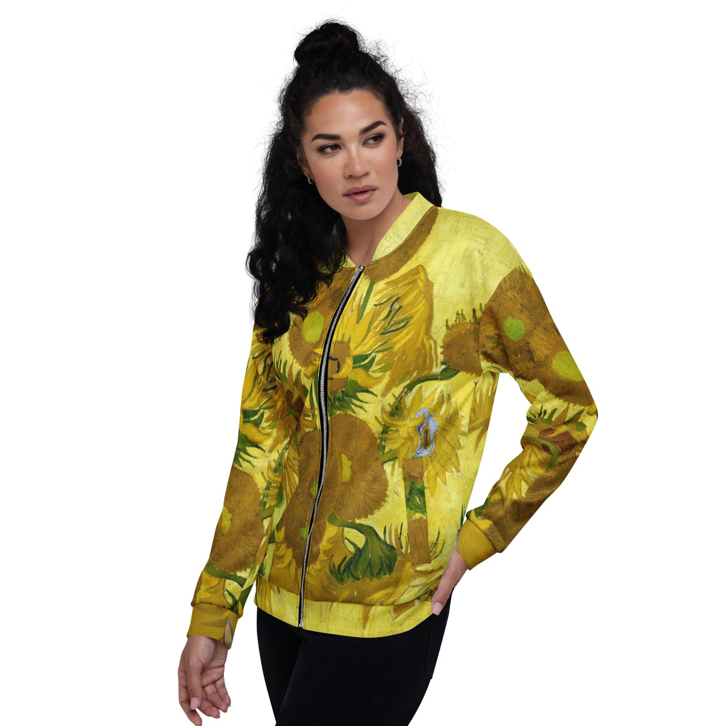 Model 1 - Vincent van Gogh Unisex Bomber Jacket – Sunflowers in Bloom