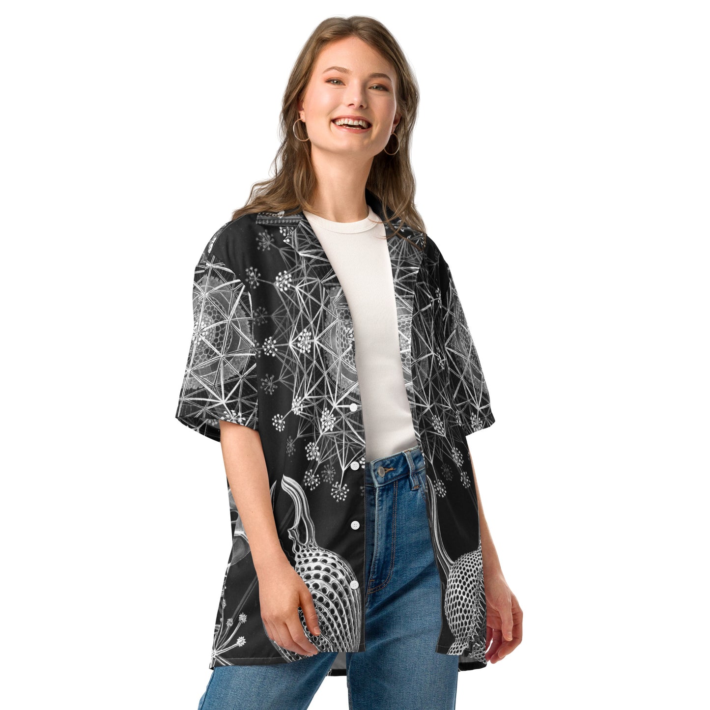Model 1 - Haeckel Sea Unisex Button Shirt – Oceanic Art for Trendsetters