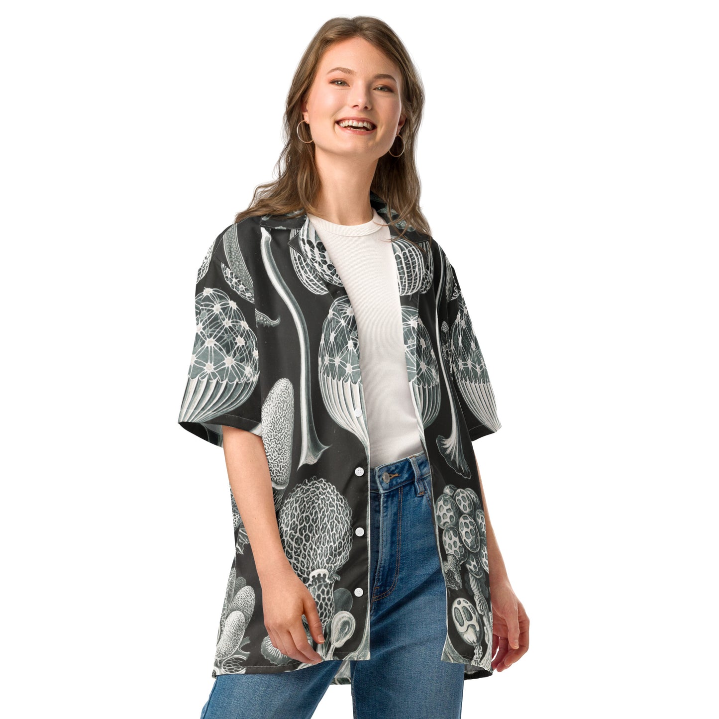 Model 1 - Haeckel Life Unisex Button Shirt – Celebrating Artful Nature