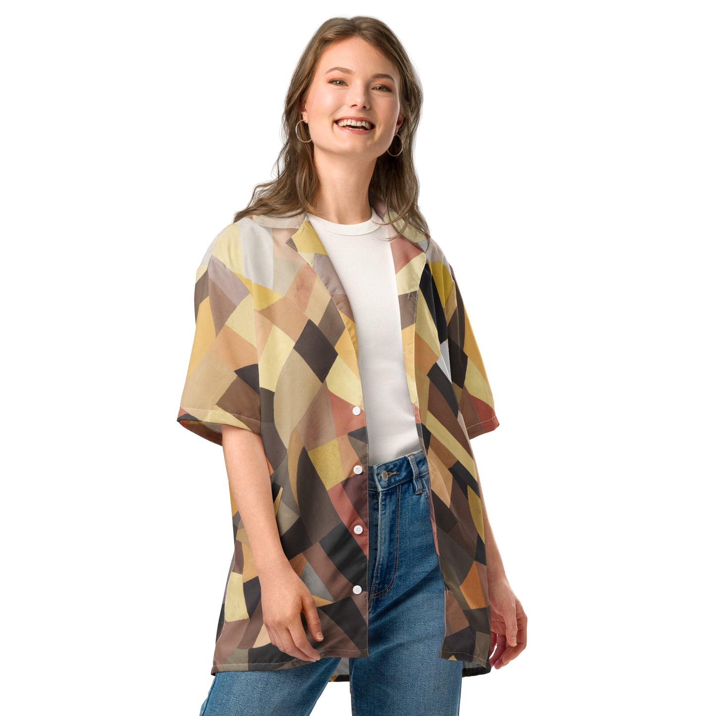 Model 2 -Freundlich Yellow Unisex Button Shirt – Sunlit Artistry & Style