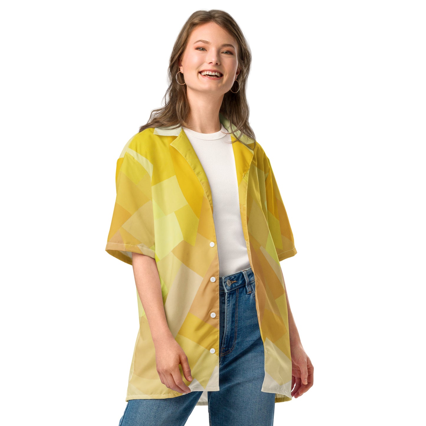 Model 1 - Freundlich Yellow Unisex Button Shirt – Sunlit Artistry & Style